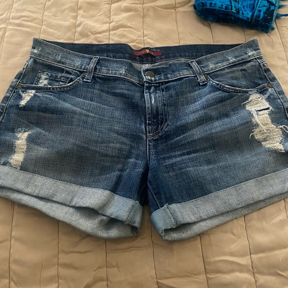 7 For All Mankind Distressed Dark Blue Rolled Hem Denim Shorts